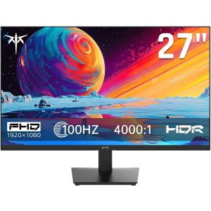 27-inch monitor on a stand displaying a vivid space wallpaper with performance specs (100 Hz, 4000:1) visible on screen edge edge-to-edge display surface of the monitor.