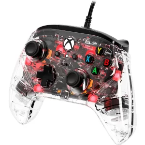 Transparent Xbox-style game controller with exposed internal components and red LED accents, wired to a cable