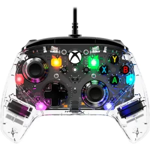 Transparent Xbox controller exposing internal circuitry and multicolored LED lights across the buttons and sticks.