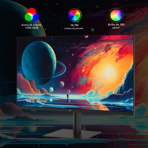 Ultra-wide monitor on a stand showing a vibrant space wallpaper with color icons above: color gamut, color depth, and brightness 300 cd/m².